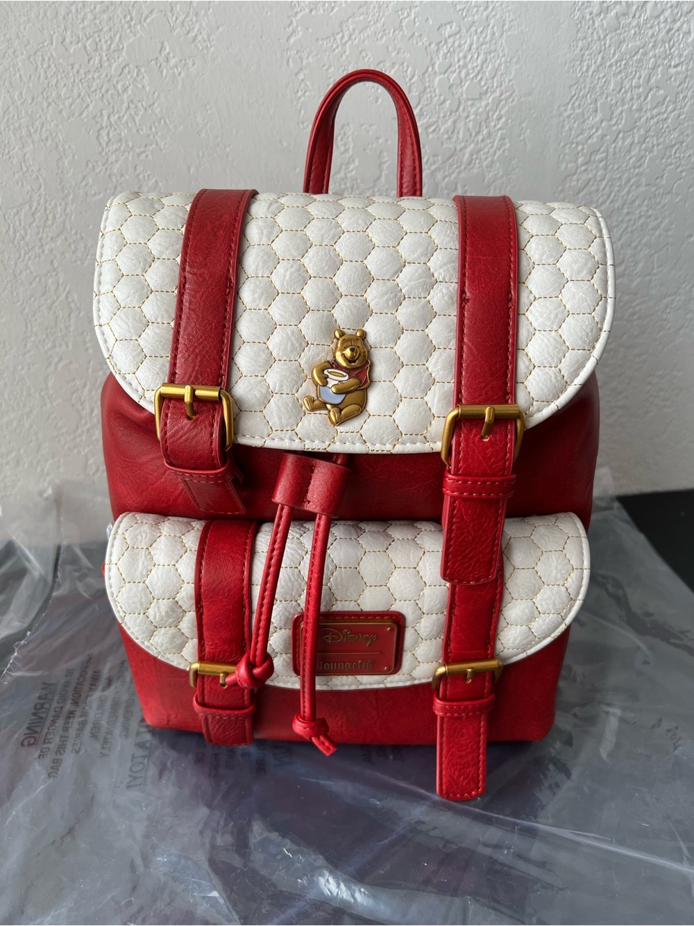 Loungefly Disney Winnie the Pooh Red Honeycomb Buckle Strap Mini Backpack - NWT